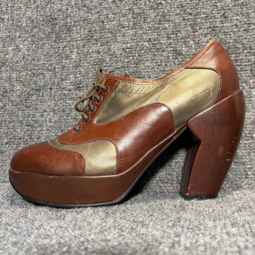 John Fluevog Vintage Brown Gold Leather Platform Oxford Lace Up Heels 9 Stardust